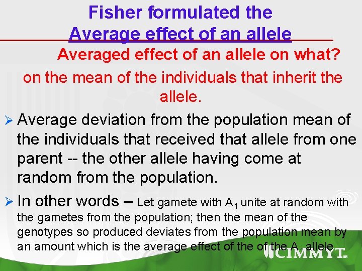 Fisher formulated the Average effect of an allele Averaged effect of an allele on