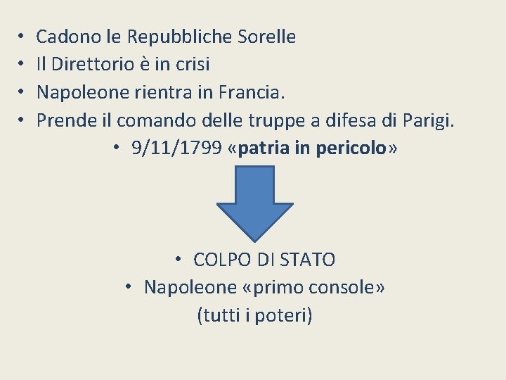  • • Cadono le Repubbliche Sorelle Il Direttorio è in crisi Napoleone rientra