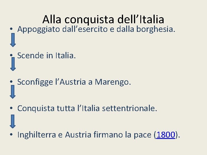 Alla conquista dell’Italia • Appoggiato dall’esercito e dalla borghesia. • Scende in Italia. •