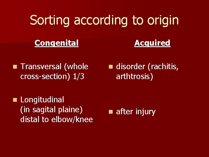 Sorting according to origin Congenital n Transversal (whole cross-section) 1/3 n Longitudinal (in sagital