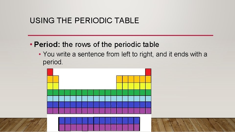 USING THE PERIODIC TABLE • Period: the rows of the periodic table • You