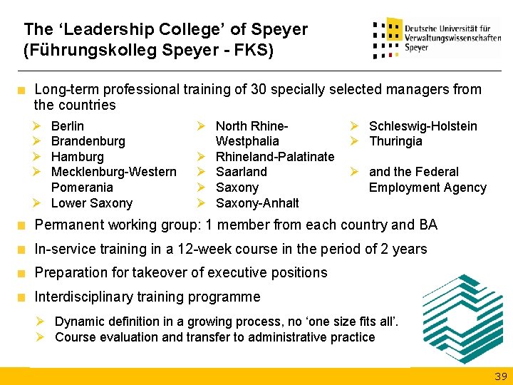 The ‘Leadership College’ of Speyer (Führungskolleg Speyer - FKS) Long-term professional training of 30