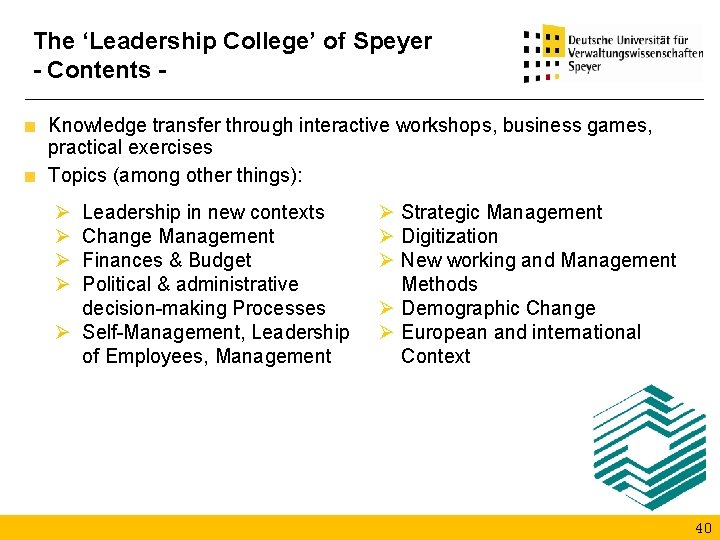 The ‘Leadership College’ of Speyer - Contents Knowledge transfer through interactive workshops, business games,
