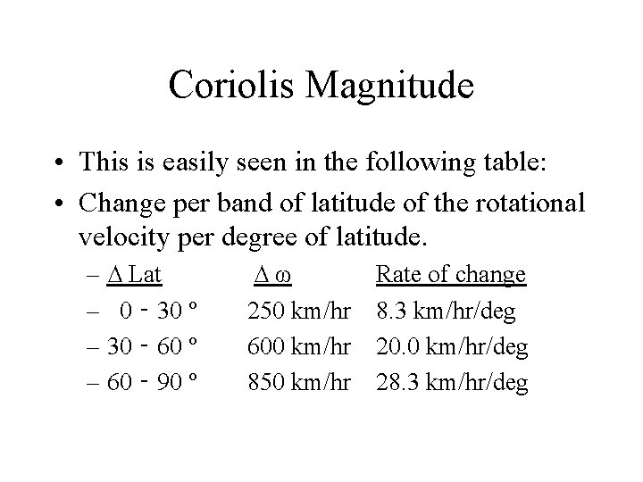 Coriolis Magnitude • This is easily seen in the following table: • Change per