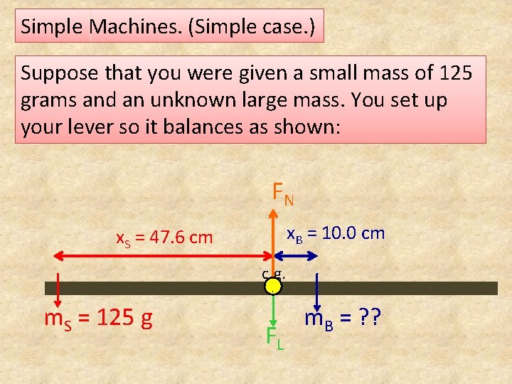 Simple Machines. (Simple case. ) Suppose that you were given a small mass of