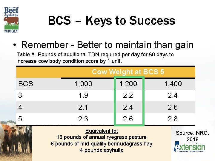 BCS – Keys to Success • Remember - Better to maintain than gain Table