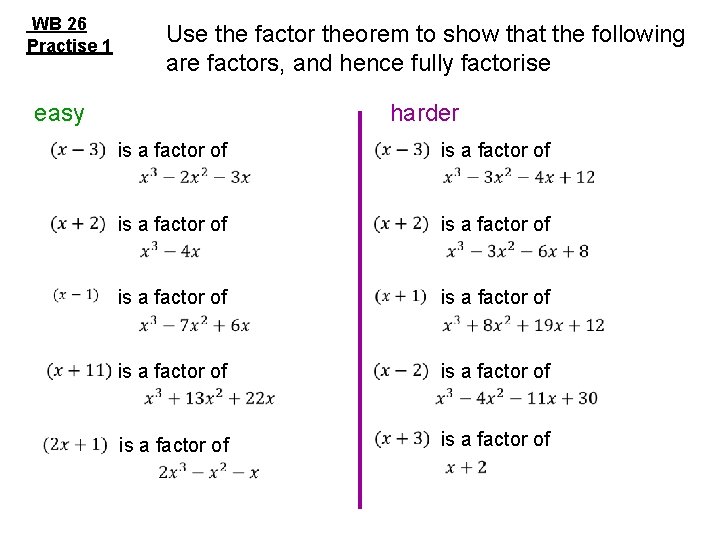 WB 26 Practise 1 Use the factor theorem to show that the following are