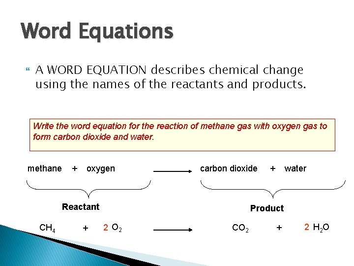 Word Equations A WORD EQUATION describes chemical change using the names of the reactants