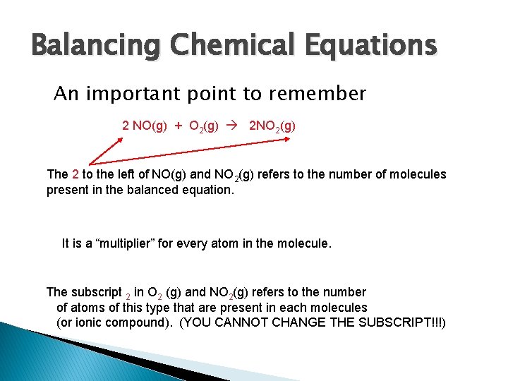Balancing Chemical Equations An important point to remember 2 NO(g) + O 2(g) 2