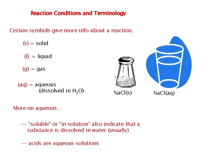 Reaction Conditions and Terminology Certain symbols give more info about a reaction. (s) =