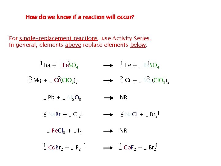 How do we know if a reaction will occur? For single-replacement reactions, use Activity