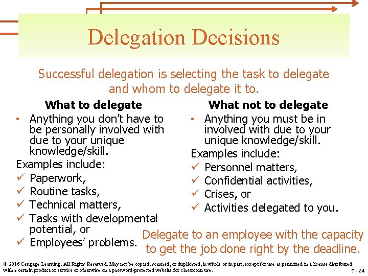 Delegation Decisions Successful delegation is selecting the task to delegate and whom to delegate