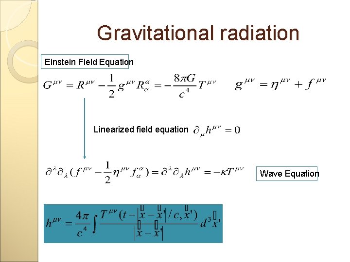 Gravitational radiation Einstein Field Equation Linearized field equation Wave Equation 