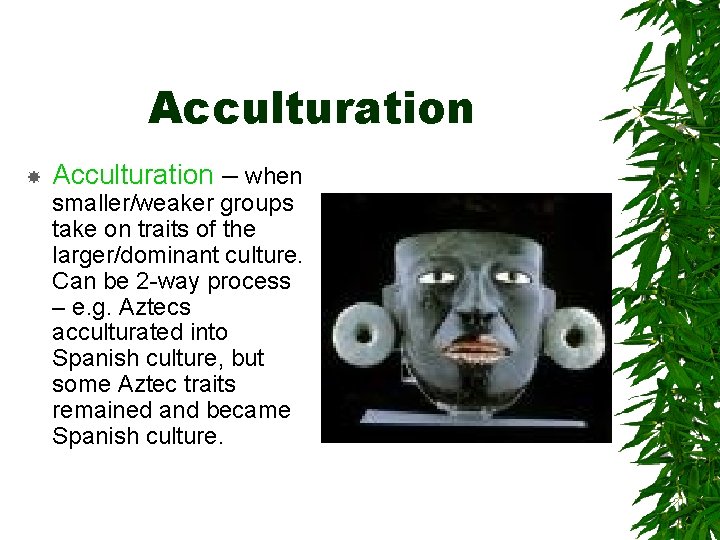 Acculturation – when smaller/weaker groups take on traits of the larger/dominant culture. Can be