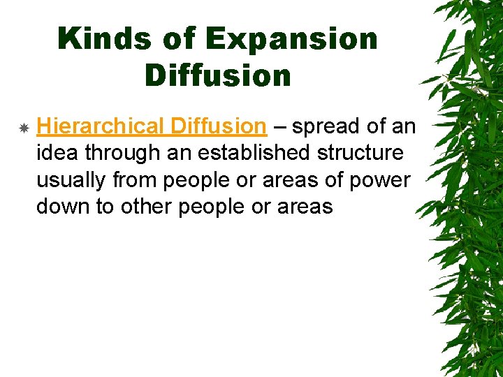 Kinds of Expansion Diffusion Hierarchical Diffusion – spread of an idea through an established