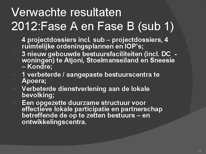 Verwachte resultaten 2012: Fase A en Fase B (sub 1) 4 projectdossiers incl. sub