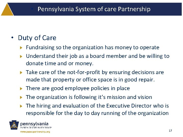  • Pennsylvania System of care Partnership • Duty of Care Fundraising so the