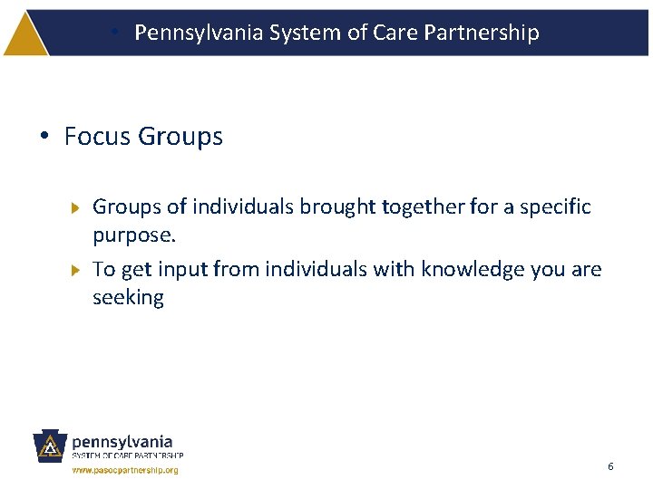  • Pennsylvania System of Care Partnership • Focus Groups of individuals brought together