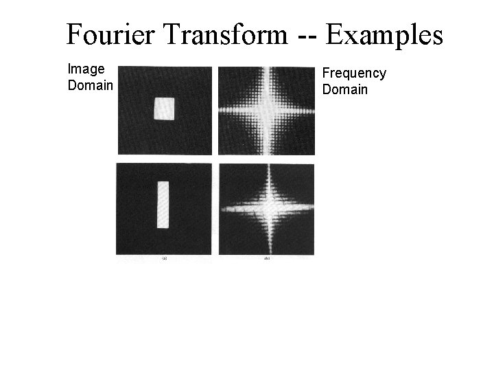 Fourier Transform -- Examples Image Domain Frequency Domain 