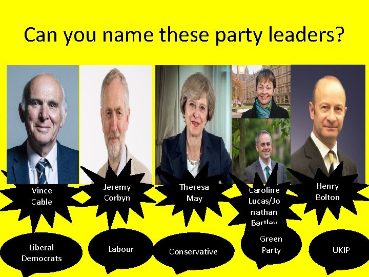 Can you name these party leaders? Vince Cable Liberal Democrats Jeremy Corbyn Labour Theresa