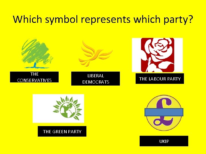 Which symbol represents which party? THE CONSERVATIVES LIBERAL DEMOCRATS THE LABOUR PARTY THE GREEN