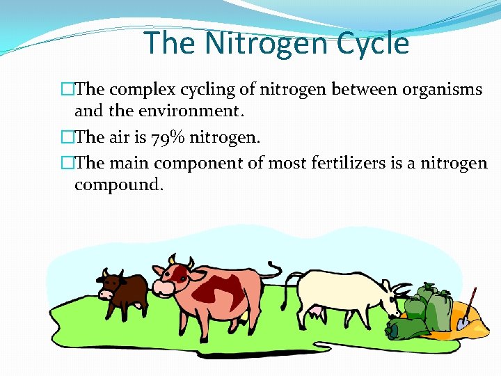 The Nitrogen Cycle �The complex cycling of nitrogen between organisms and the environment. �The