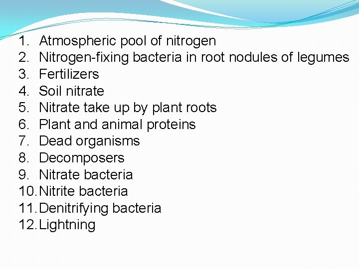 1. Atmospheric pool of nitrogen 2. Nitrogen-fixing bacteria in root nodules of legumes 3.