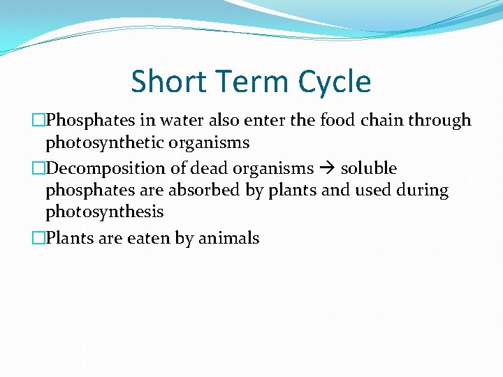 Short Term Cycle �Phosphates in water also enter the food chain through photosynthetic organisms