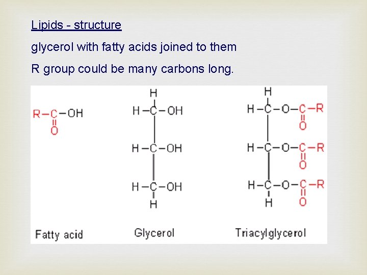 Lipids - structure glycerol with fatty acids joined to them R group could be