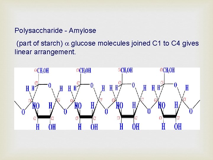 Polysaccharide - Amylose (part of starch) glucose molecules joined C 1 to C 4