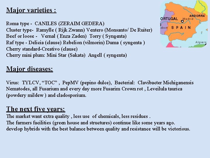 Major varieties : Roma type - CANILES (ZERAIM GEDERA) Cluster type- Ramylle ( Rijk