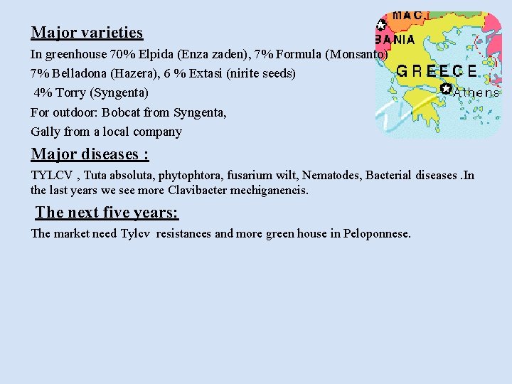 Major varieties In greenhouse 70% Elpida (Enza zaden), 7% Formula (Monsanto) 7% Belladona (Hazera),