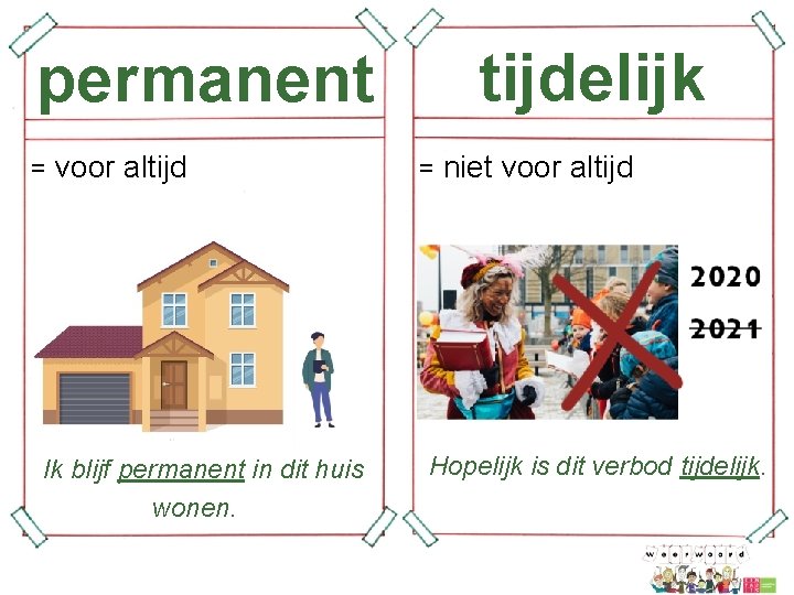 permanent = voor altijd Ik blijf permanent in dit huis wonen. tijdelijk = niet