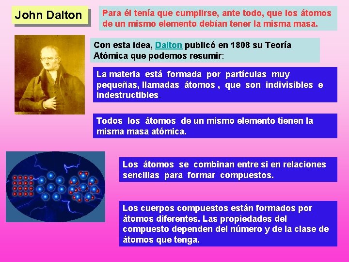 John Dalton Para él tenía que cumplirse, ante todo, que los átomos de un