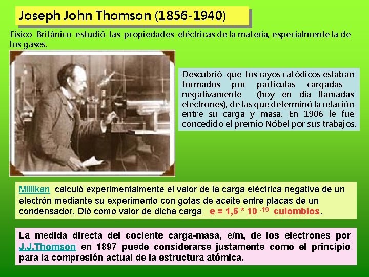 Joseph John Thomson (1856 -1940) Físico Británico estudió las propiedades eléctricas de la materia,