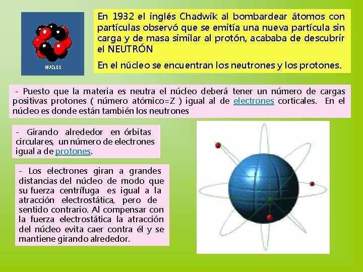 En 1932 el inglés Chadwik al bombardear átomos con partículas observó que se emitía