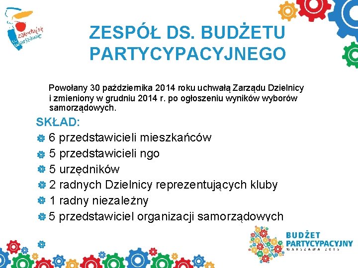 ZESPÓŁ DS. BUDŻETU PARTYCYPACYJNEGO Powołany 30 października 2014 roku uchwałą Zarządu Dzielnicy i zmieniony