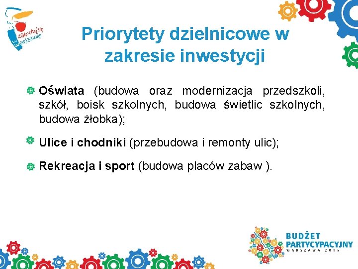 Priorytety dzielnicowe w zakresie inwestycji Oświata (budowa oraz modernizacja przedszkoli, szkół, boisk szkolnych, budowa