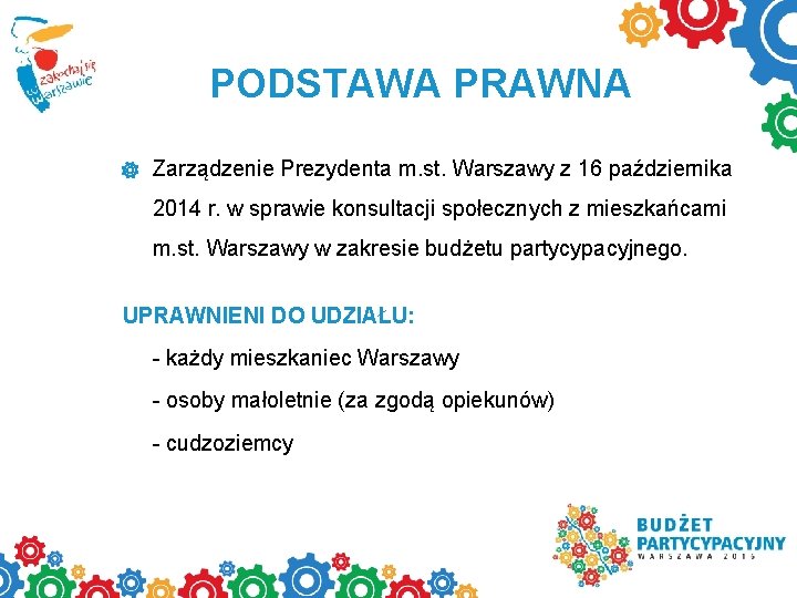PODSTAWA PRAWNA Zarządzenie Prezydenta m. st. Warszawy z 16 października 2014 r. w sprawie