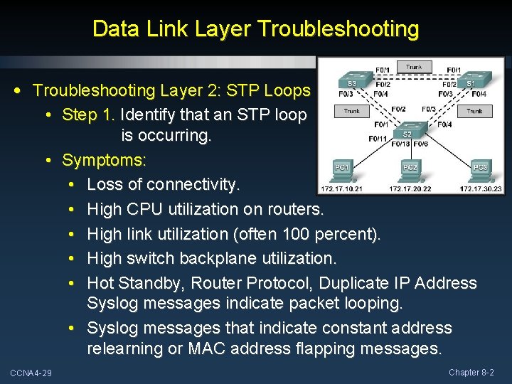 Data Link Layer Troubleshooting • Troubleshooting Layer 2: STP Loops • Step 1. Identify