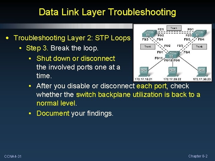 Data Link Layer Troubleshooting • Troubleshooting Layer 2: STP Loops • Step 3. Break