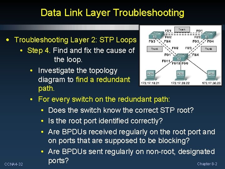 Data Link Layer Troubleshooting • Troubleshooting Layer 2: STP Loops • Step 4. Find