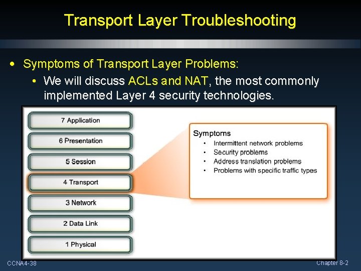 Transport Layer Troubleshooting • Symptoms of Transport Layer Problems: • We will discuss ACLs
