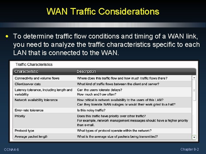WAN Traffic Considerations • To determine traffic flow conditions and timing of a WAN