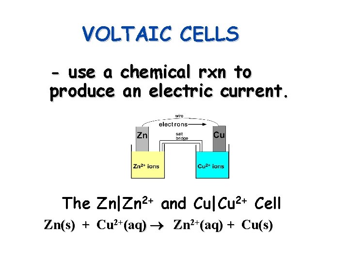 VOLTAIC CELLS - use a chemical rxn to produce an electric current. The Zn|Zn