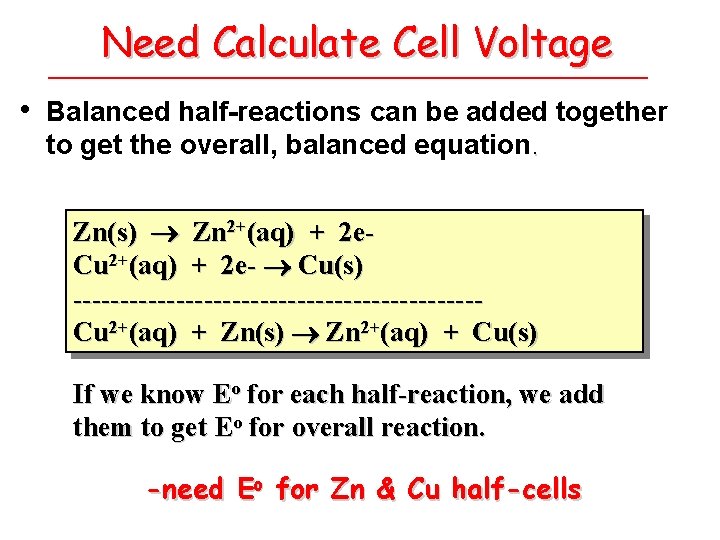 Need Calculate Cell Voltage • Balanced half-reactions can be added together to get the