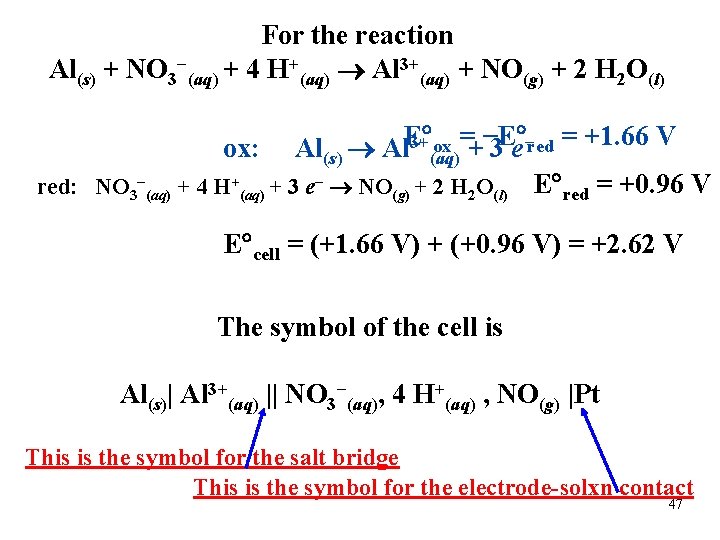For the reaction Al(s) + NO 3−(aq) + 4 H+(aq) Al 3+(aq) + NO(g)