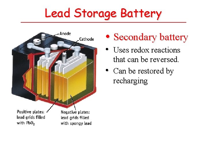 Lead Storage Battery • Secondary battery • Uses redox reactions • that can be
