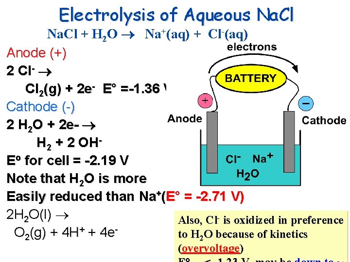 Electrolysis of Aqueous Na. Cl + H 2 O Na+(aq) + Cl-(aq) Anode (+)