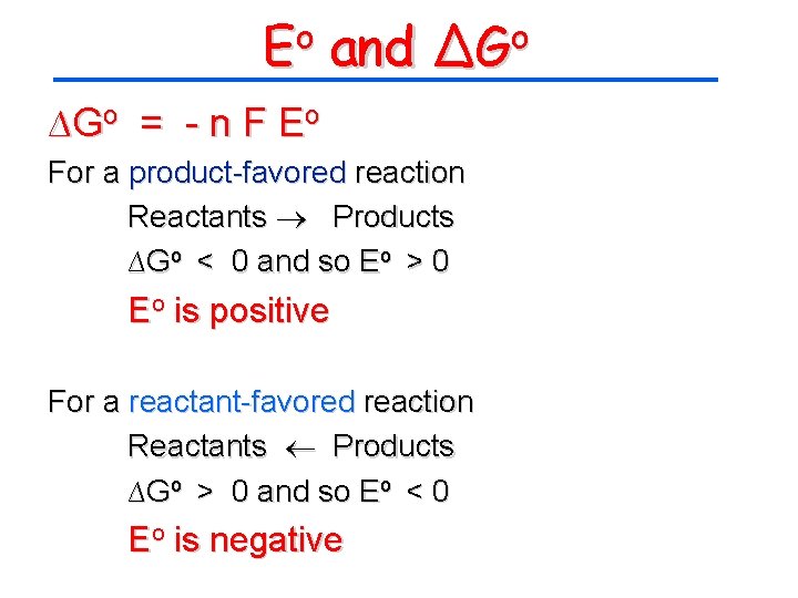 Eo and ∆Go = - n F Eo For a product-favored reaction Reactants Products